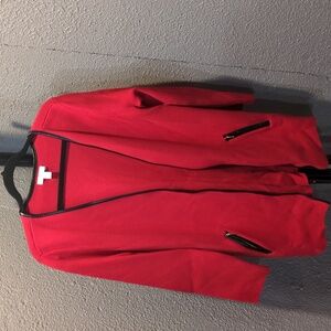 Open front sweater with faux leather detail and gold zipper pockets